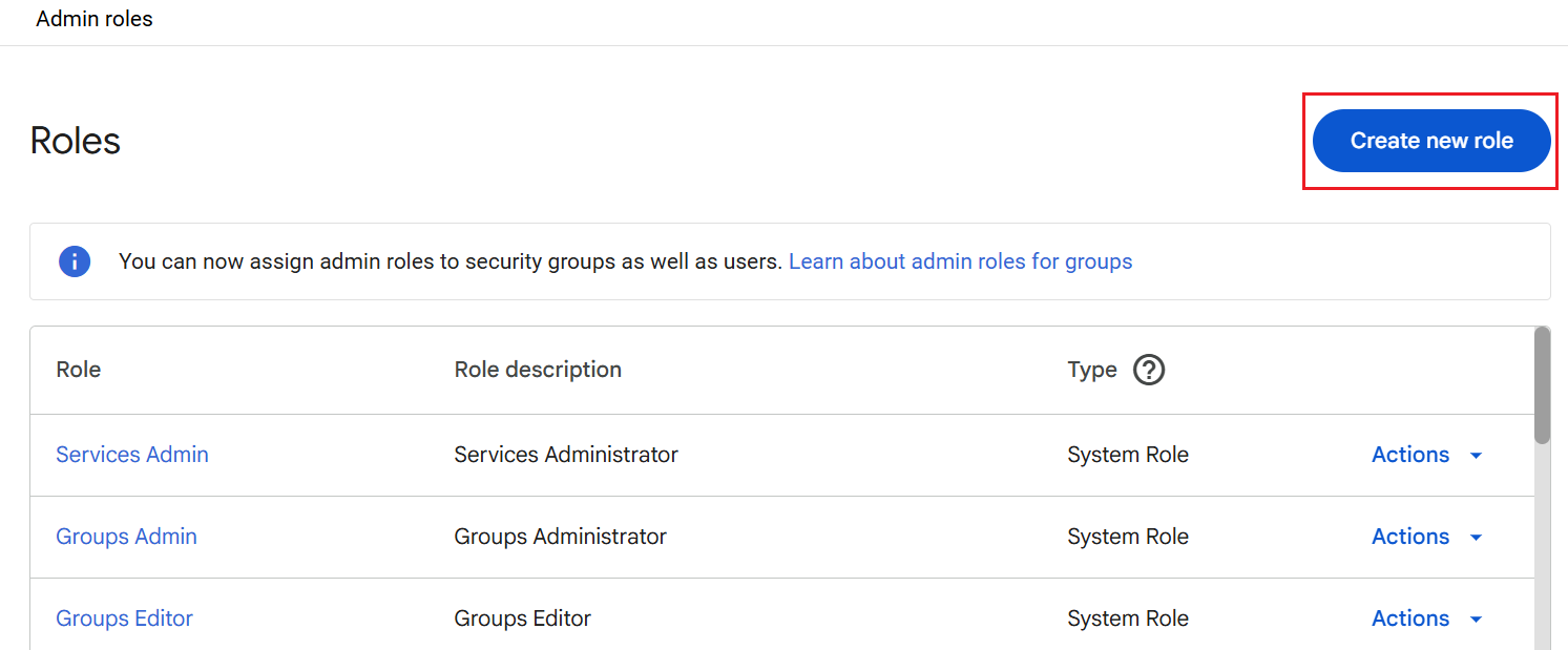 Clicking Create new role.