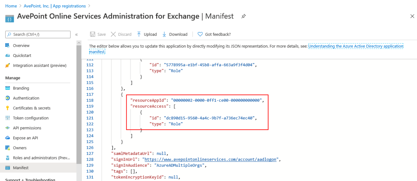Granting permissions on the Manifest page.