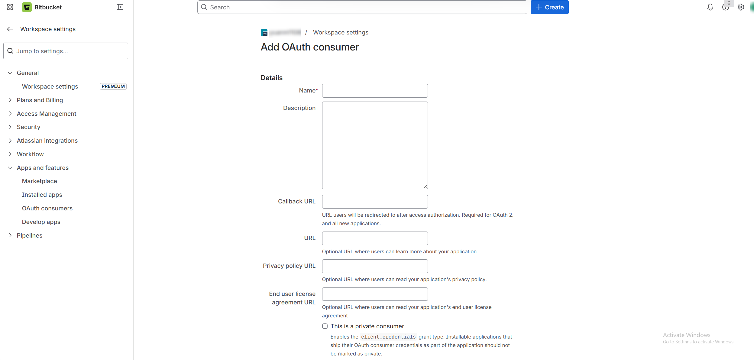 The Add OAuth consumer page.