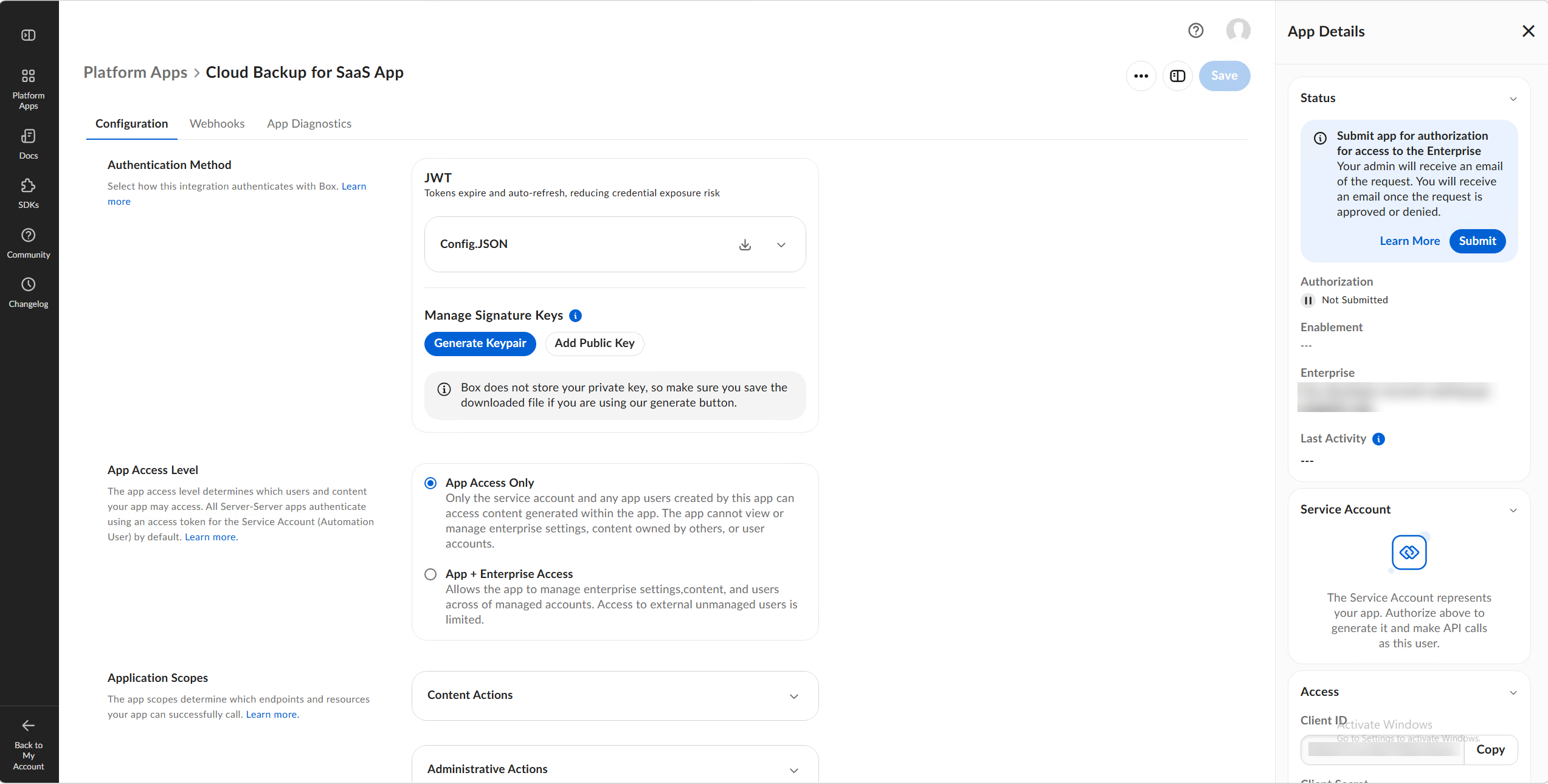 App configuration page