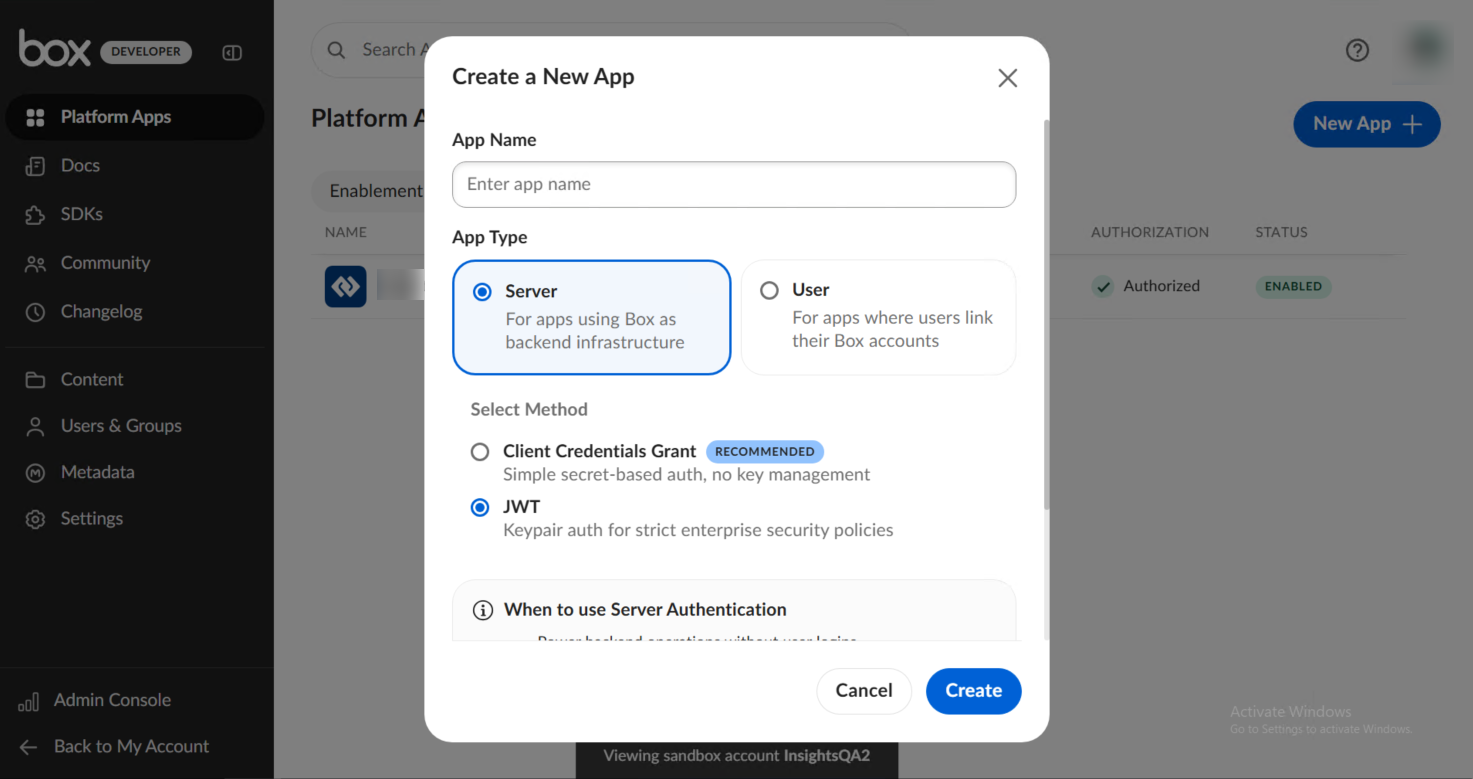 Create a New App window. Create a New App window.
