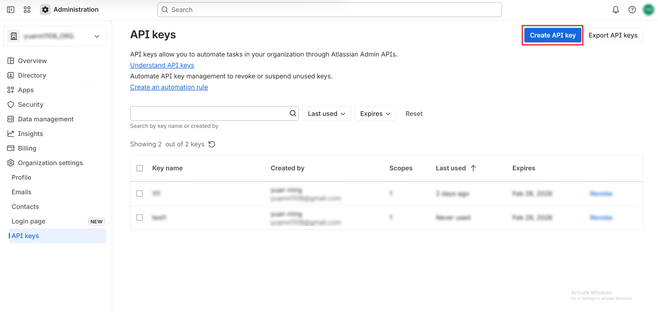 Click Create API key.