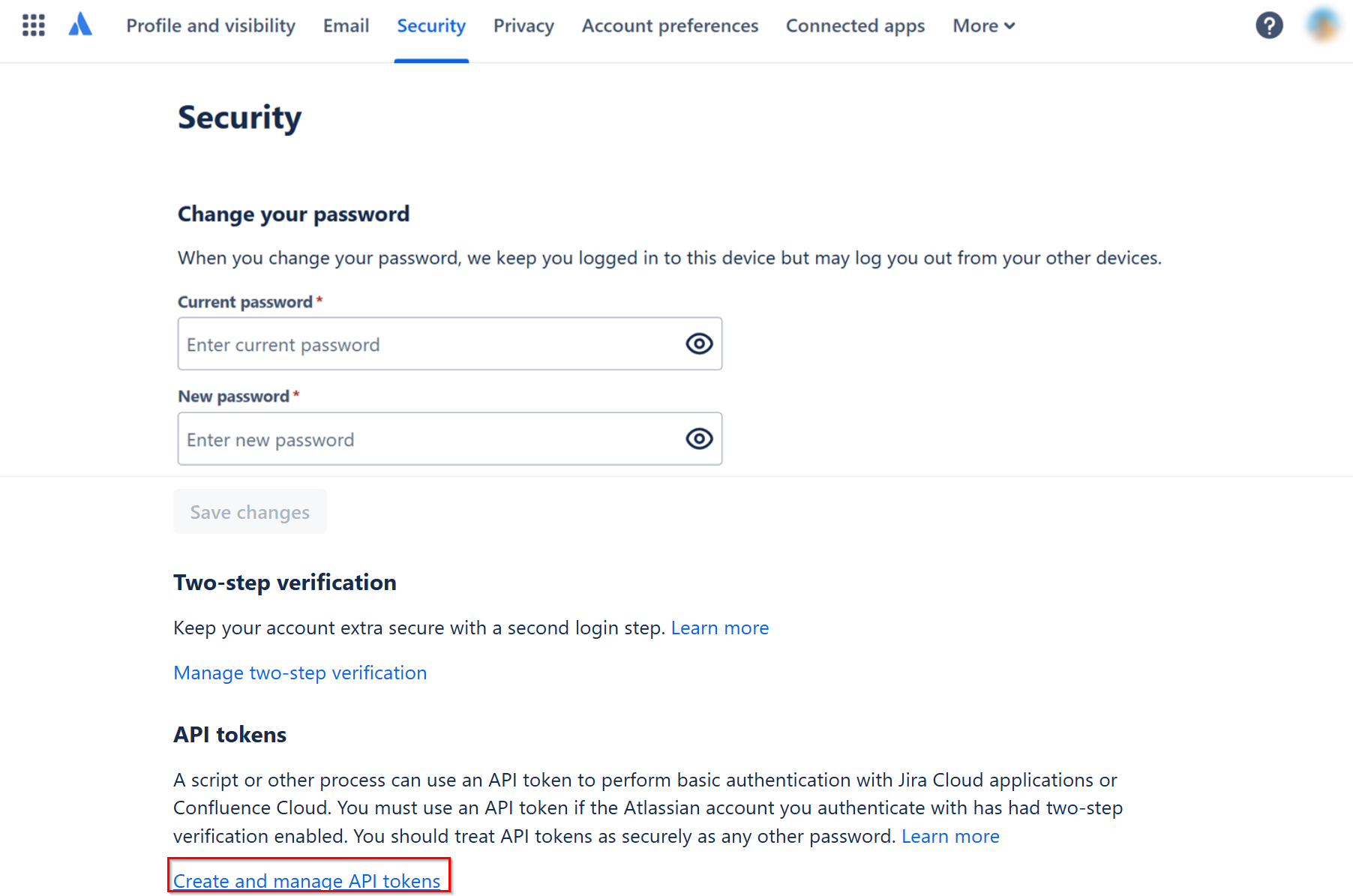 Click Create and manage API tokens link.