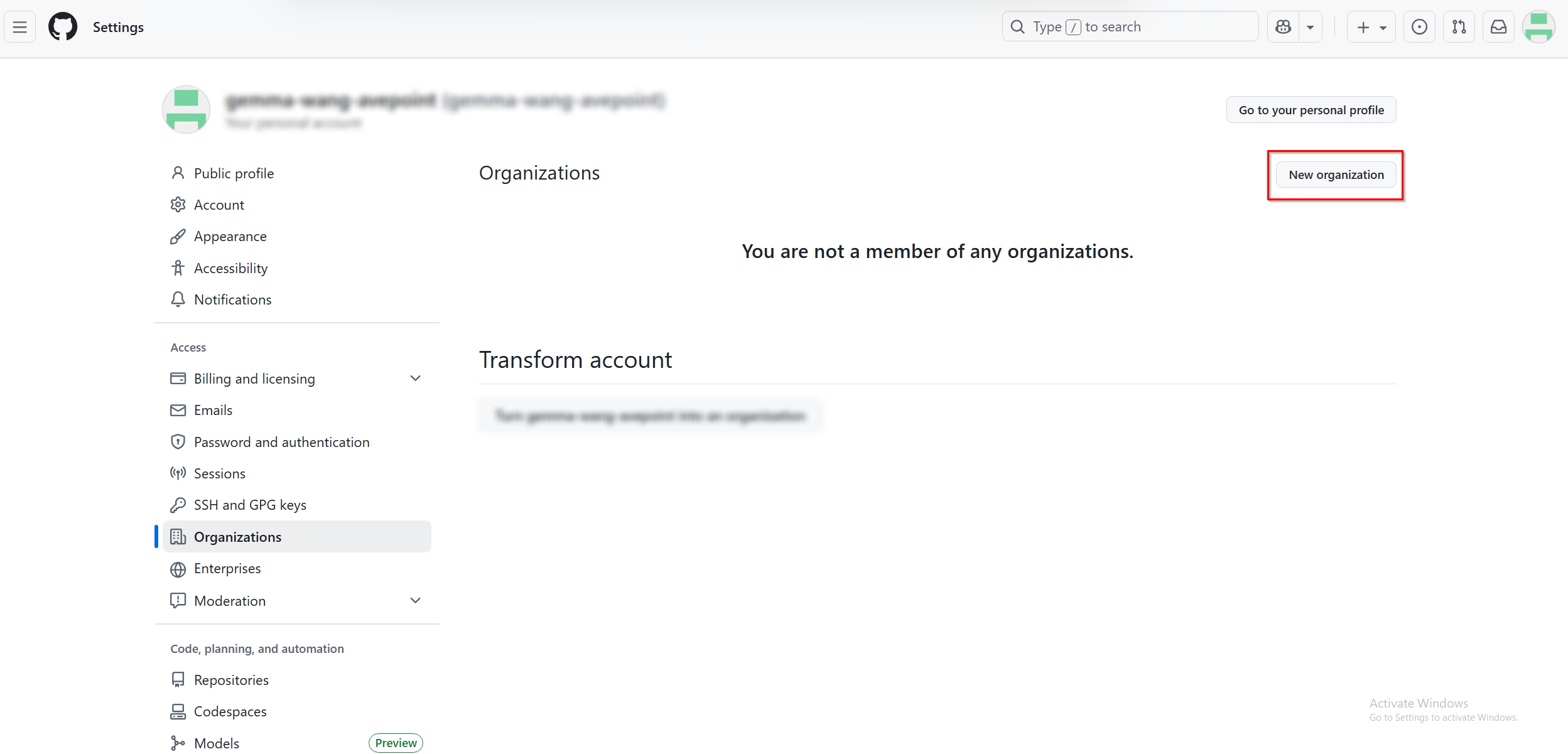 Click New organization.