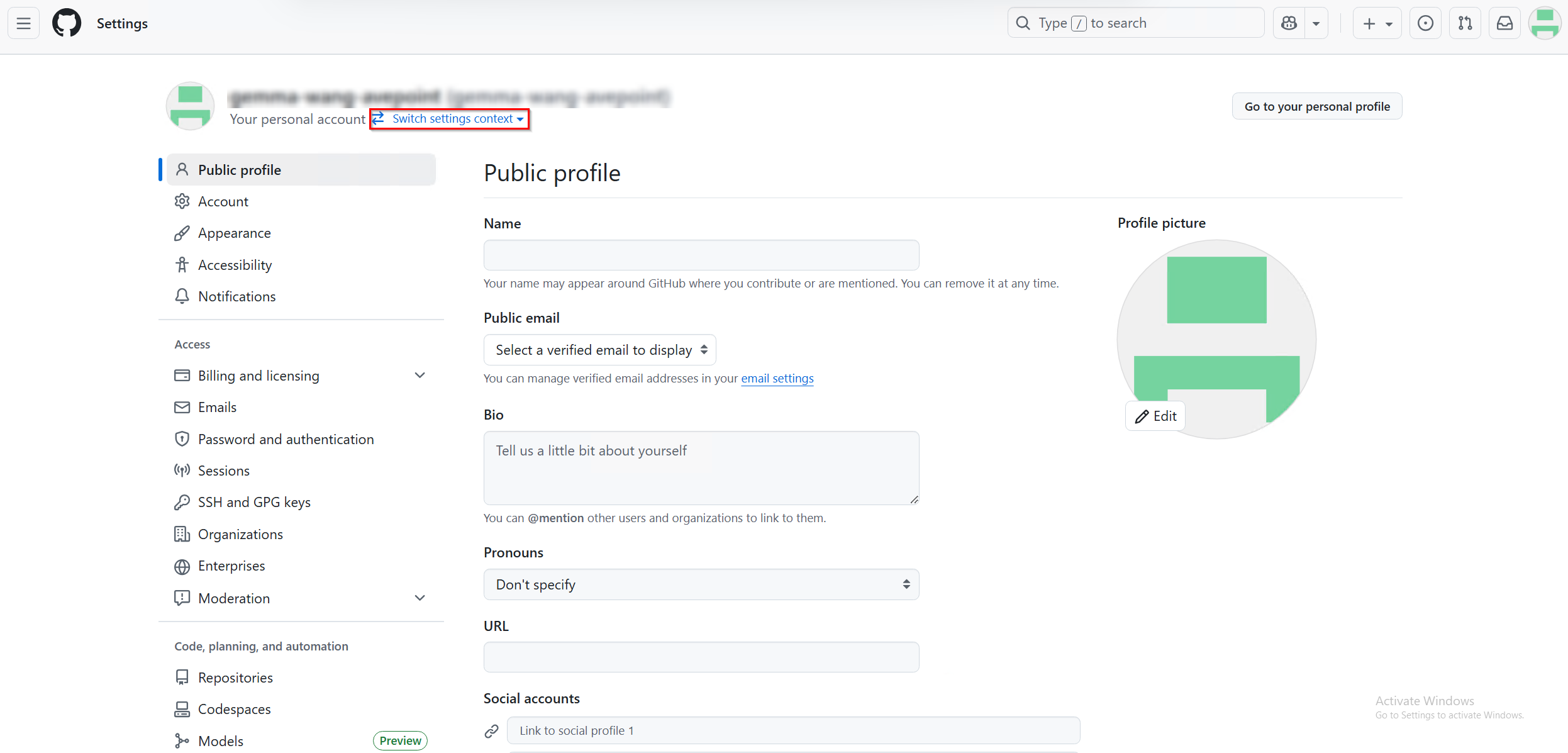 Click Switch settings context.
