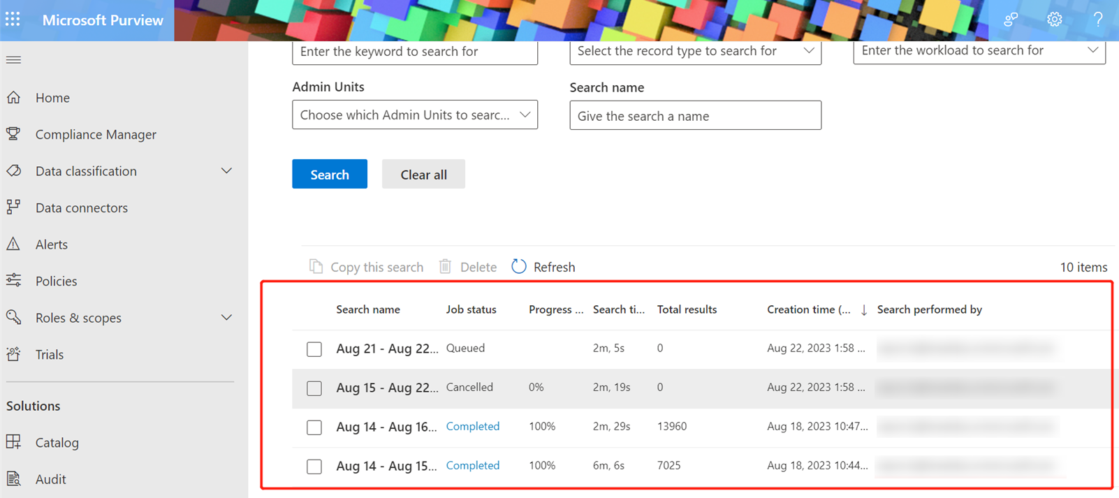 Selecting a job in the Completed status to export audit logs.