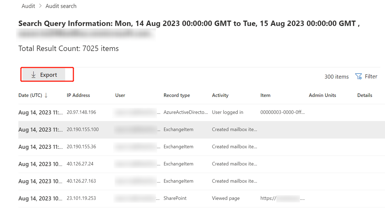 Clicking Export to export audit logs.