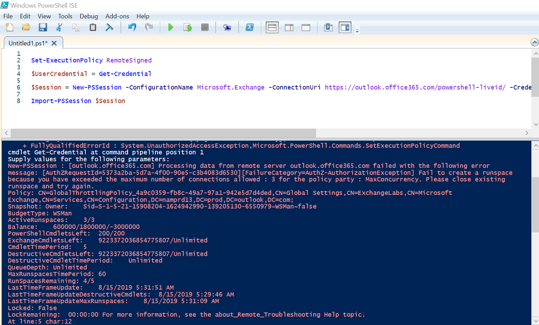 The error information for sessions exceeding their limits.