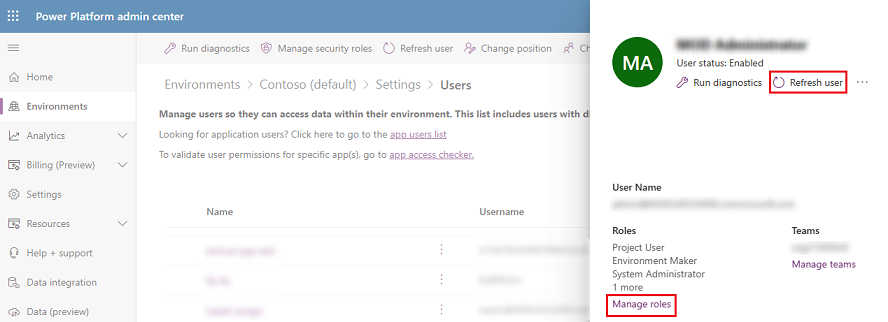 Clicking Manage roles to assign the role to the account, or clicking Refresh user to synchronize user role from Azure AD.