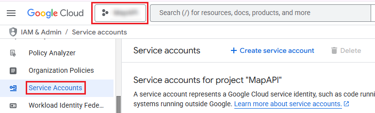 Clicking Service Accounts and selecting the project.