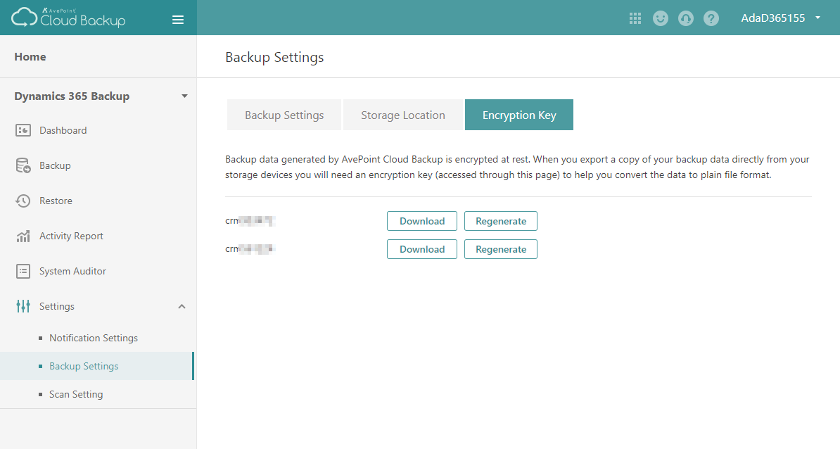 The Encryption Key tab.