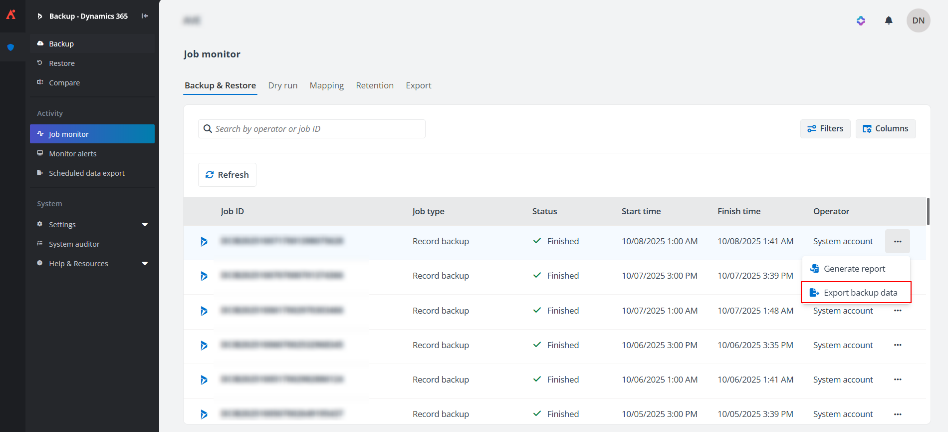 The Export backup data option.