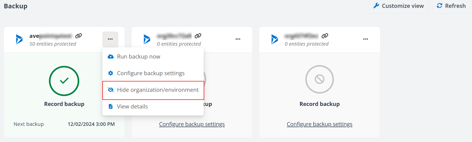 The Hide organization/environment button.