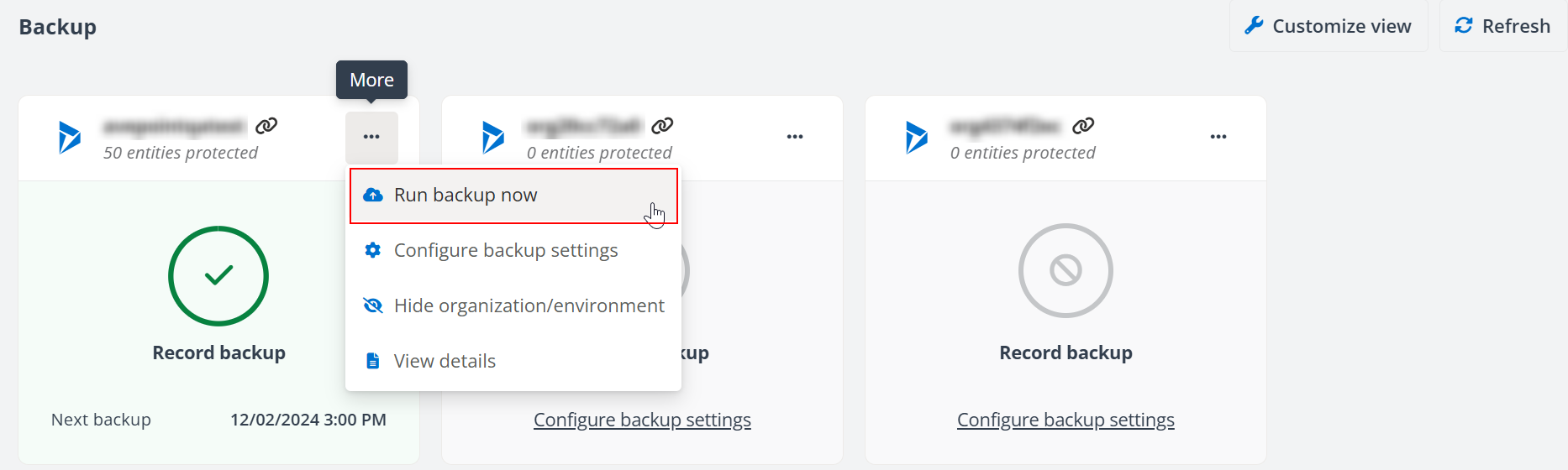 The Run backup now option in the More actions menu of the Backup page. 
