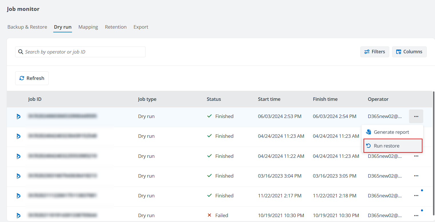 The Run restore option.
