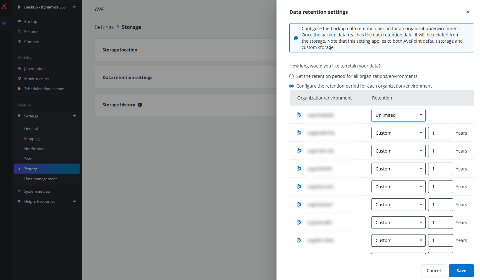 The Data retention settings panel