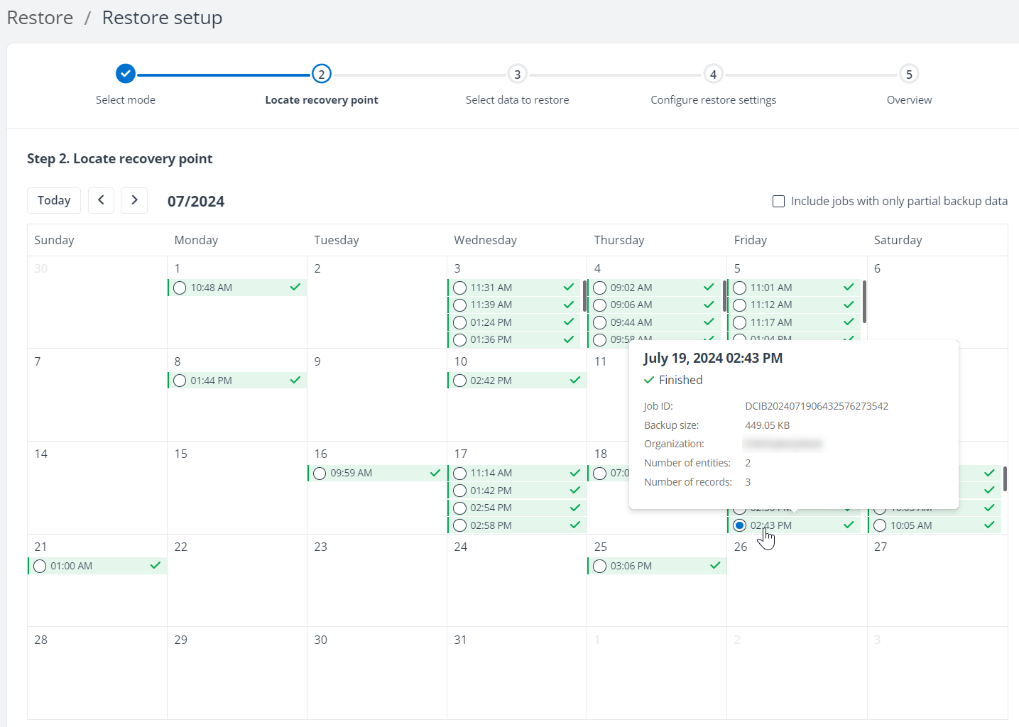 Locate recovery points in a calendar view.