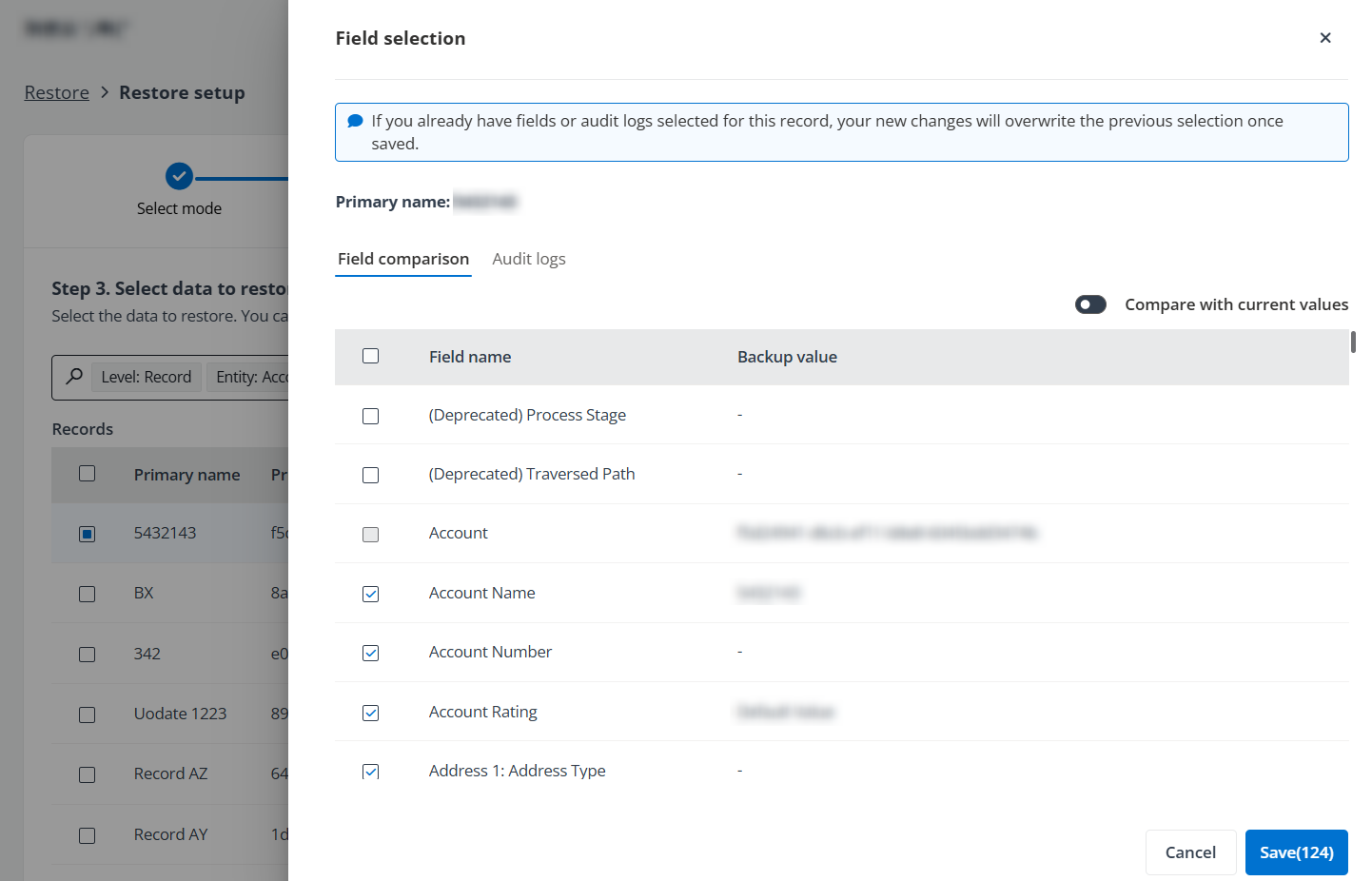 The Field comparison tab.