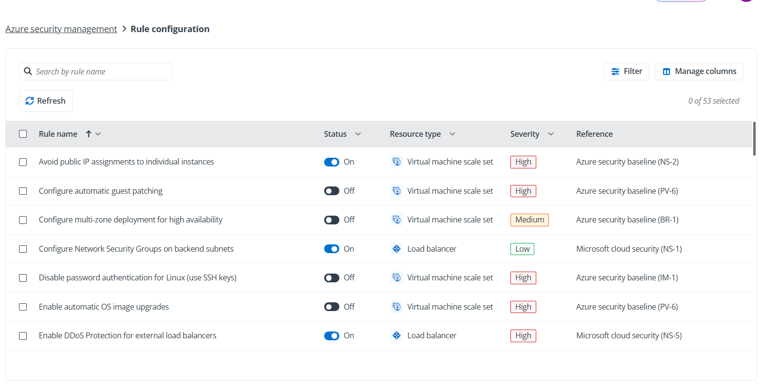 The Azure security management - Rule configuration page.