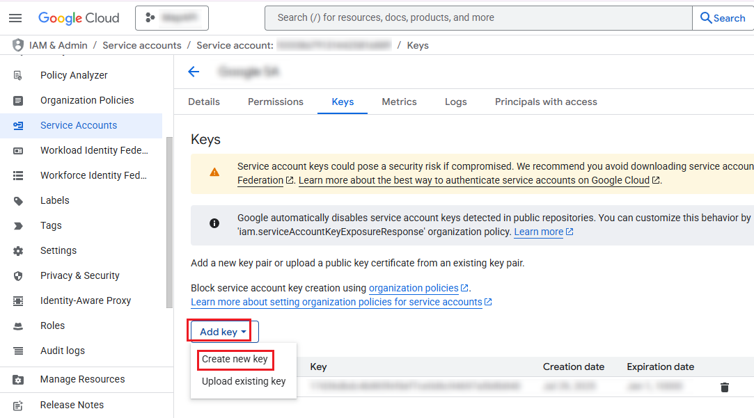 Clicking Add key and Create new key.