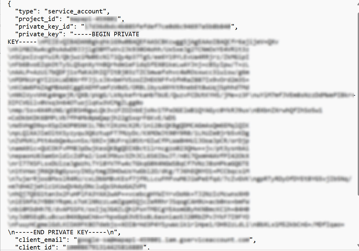 A sample of the downloaded JSON file containing service account key.
