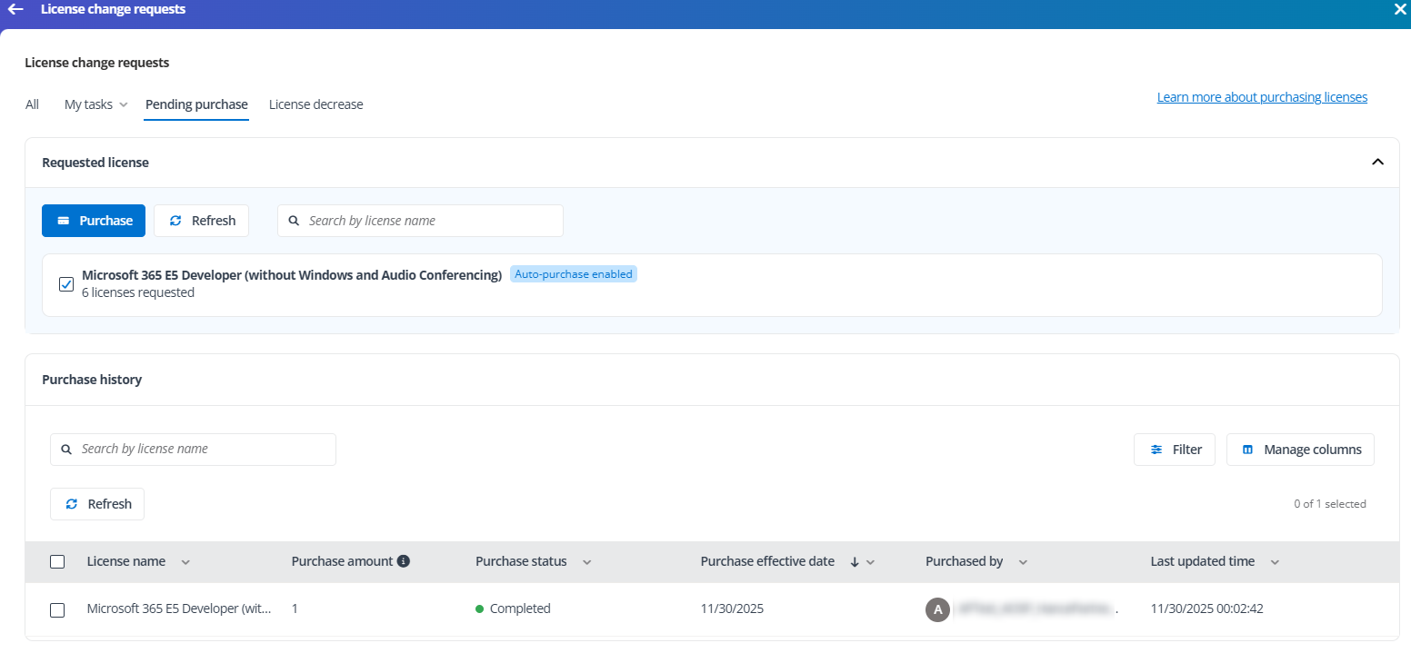 The Pending purchase tab.