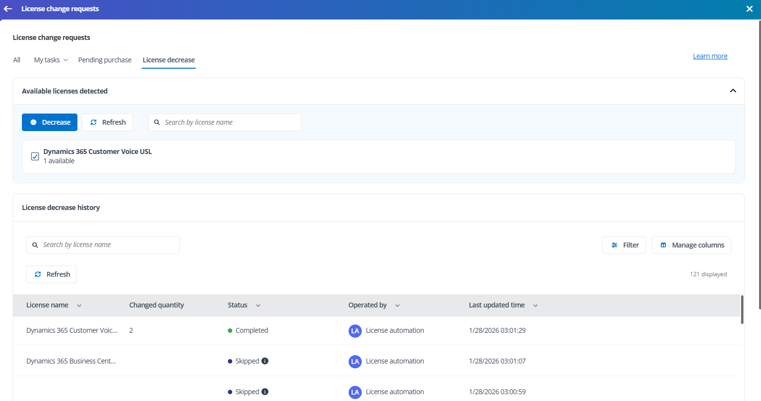 The license decrease tab.