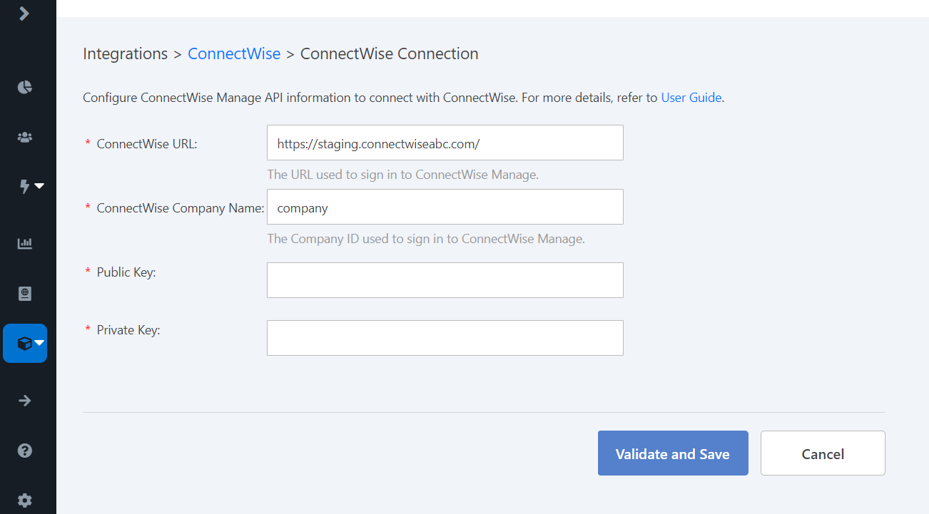 The ConnectWise Connection page.