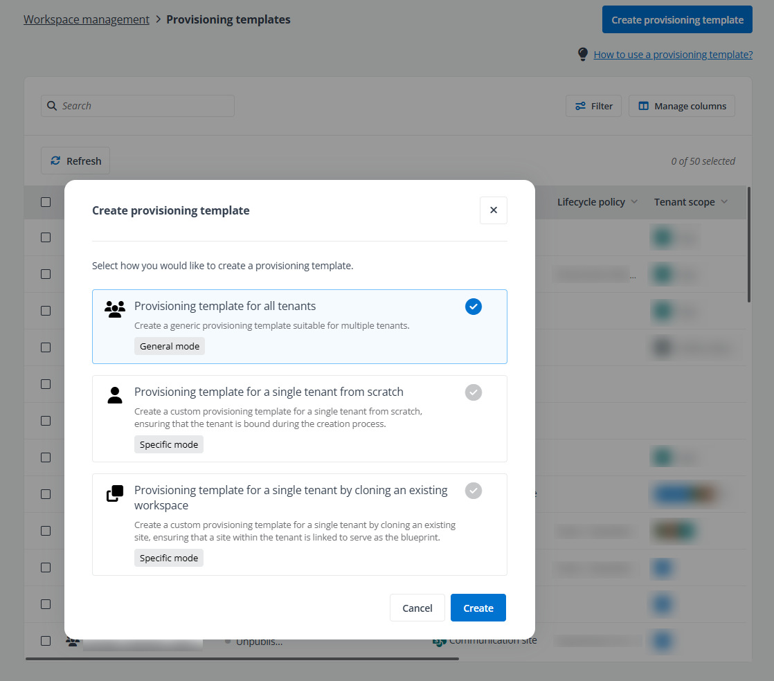 Create provisioning template window.