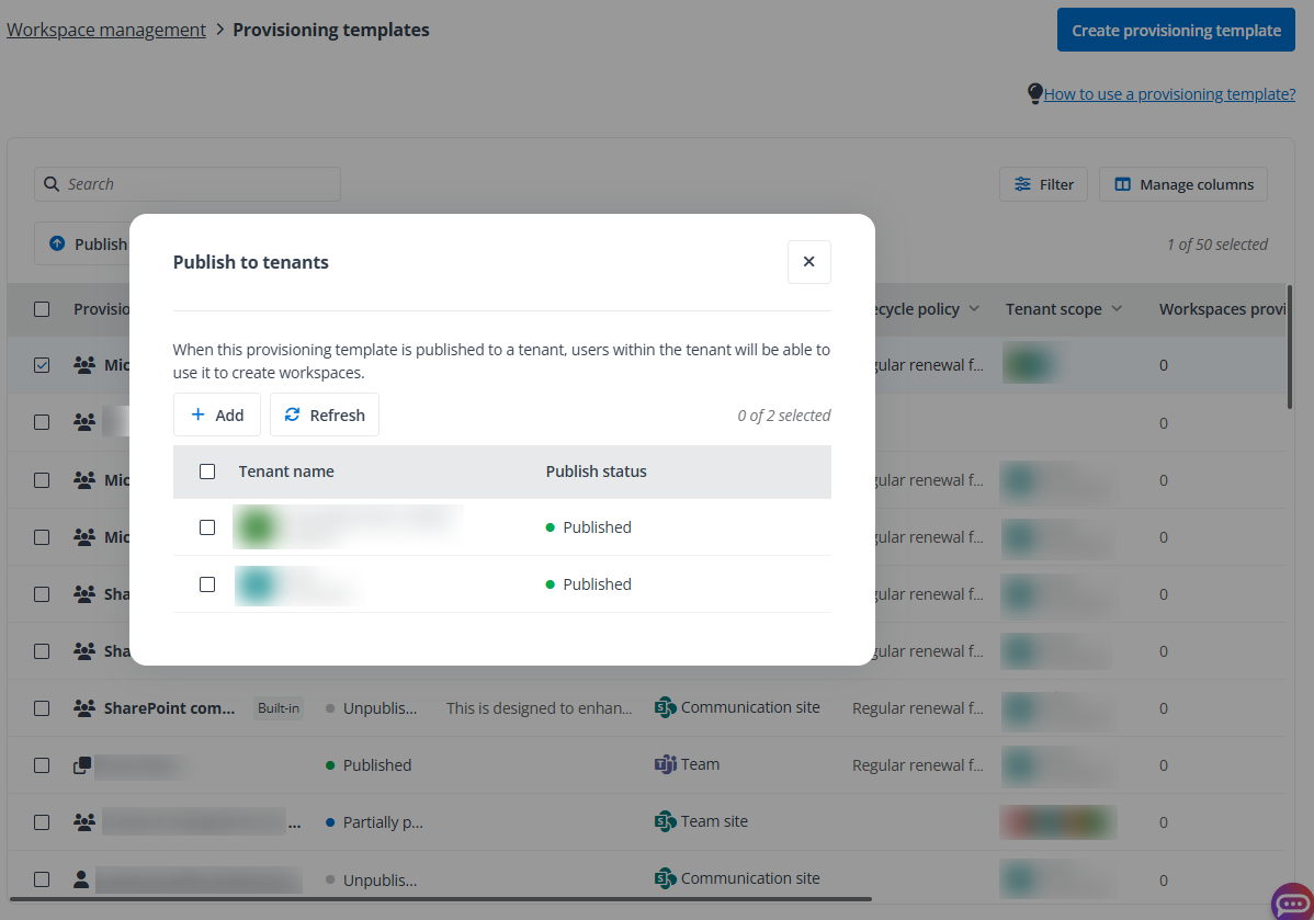 Publish to tenants window.