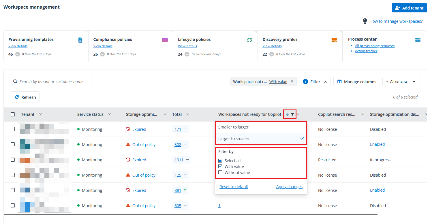 Sorting and filter functionalities.