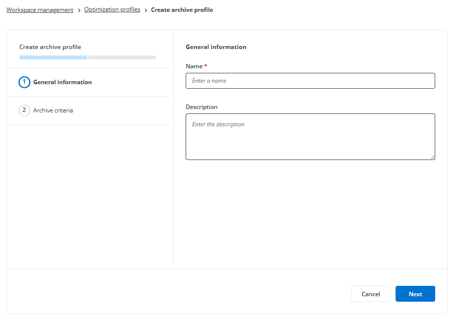 The Create archive profile page.