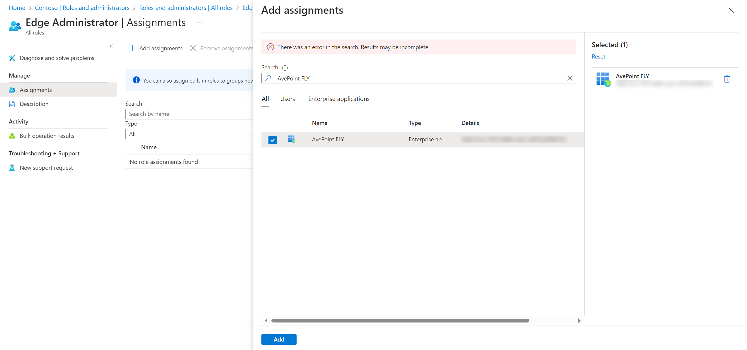 The Add assignments panel.