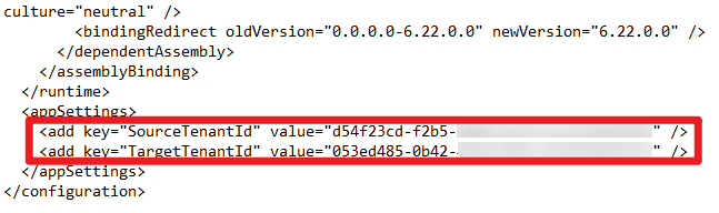 Configuring the source and destination tenant IDs