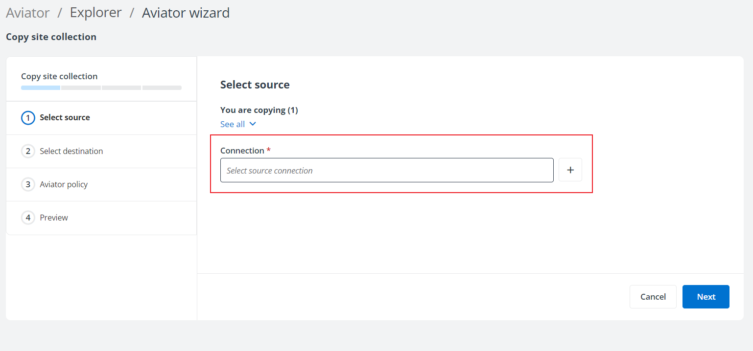 The source connection used to run an Aviator job.