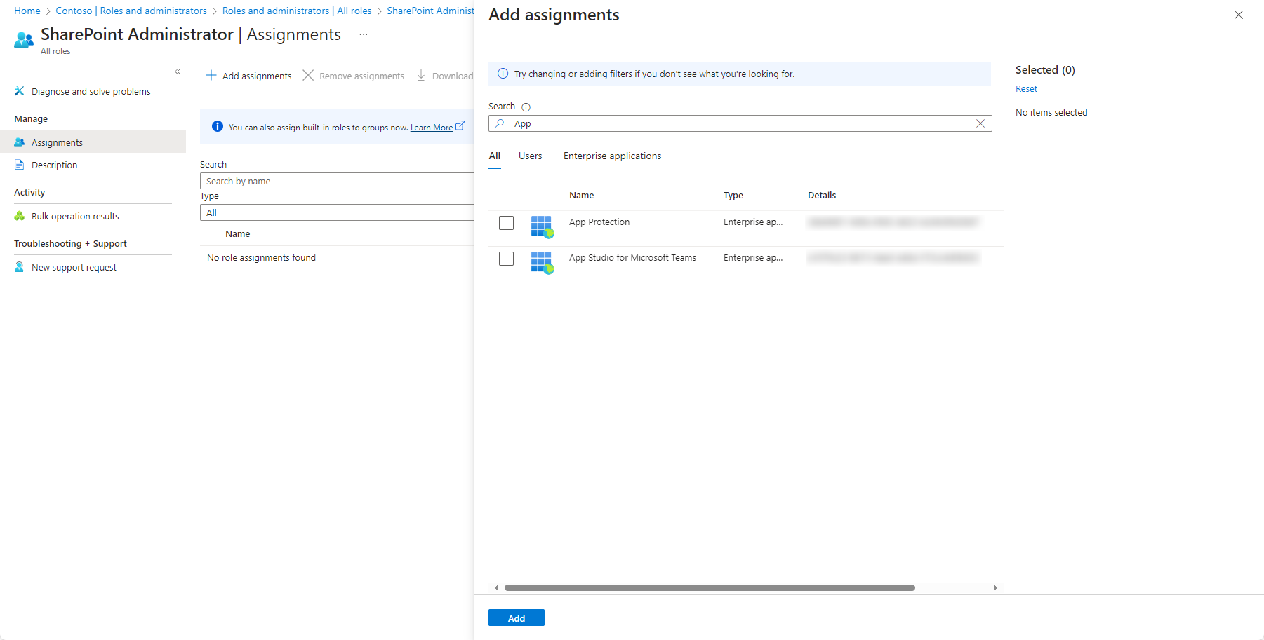 The Add assignments panel. The Add assignments panel.