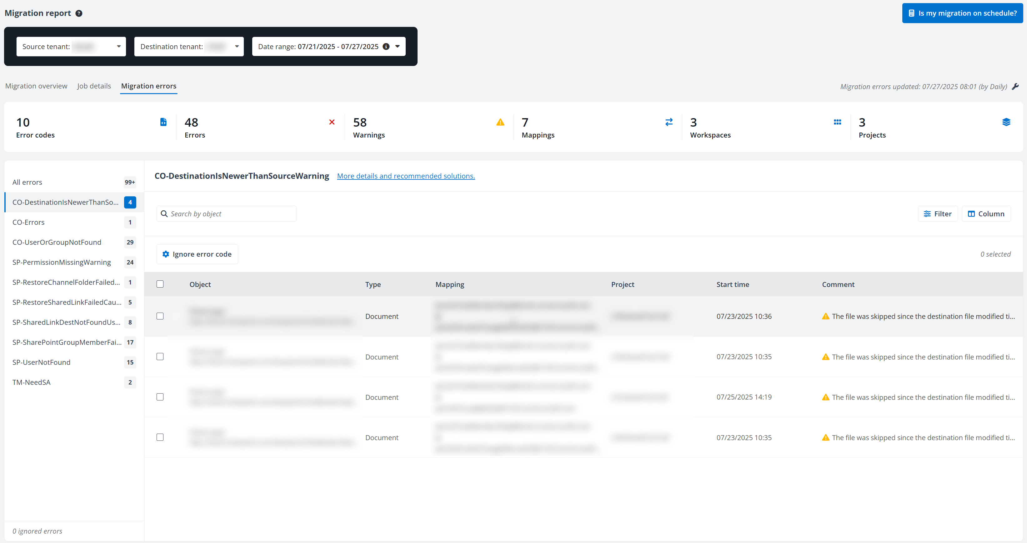 Migration errors tab. Migration errors tab.