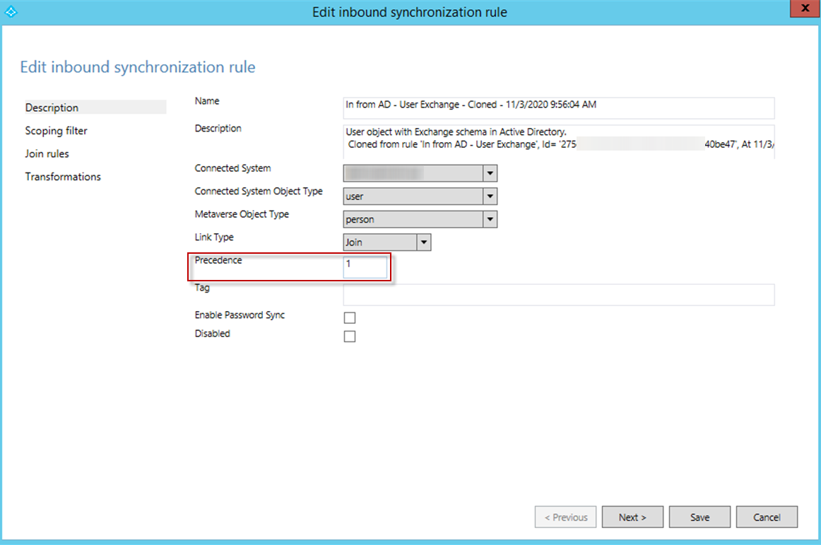 The Precedence value in the Description group