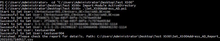 Executing the Set_X500Address_AD.ps1 script 