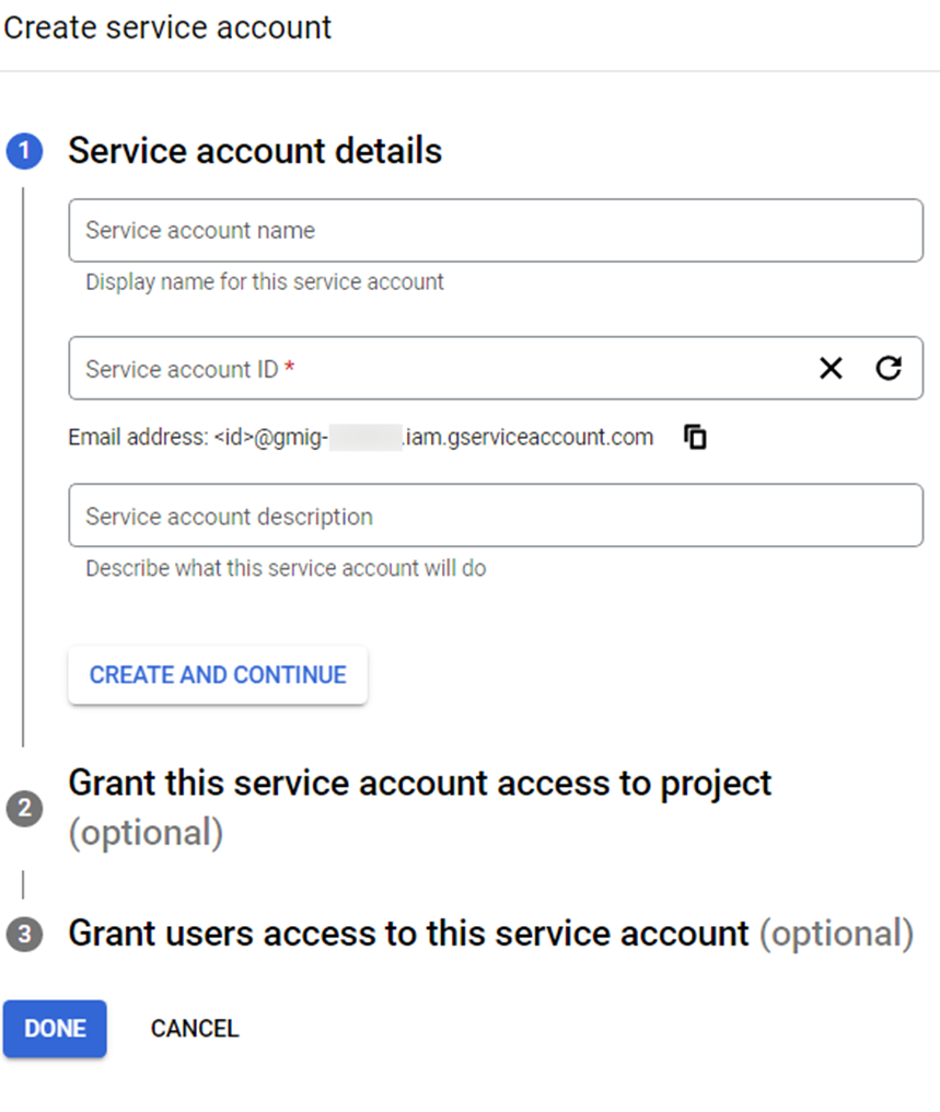 The CREATE SERVICE ACCOUNT page. The CREATE SERVICE ACCOUNT page.