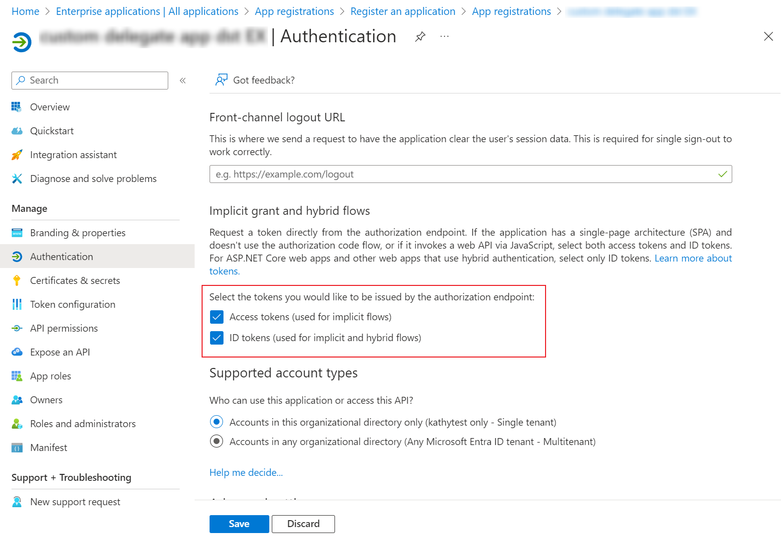 Access tokens and ID tokens checkboxes. Access tokens and ID tokens checkboxes.