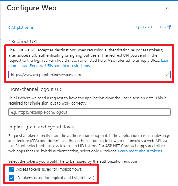 The Configure Web panel. The Configure Web panel.