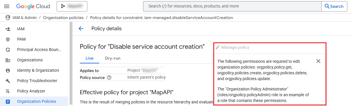 The tool tip for Manage policy. The tool tip for Manage policy.