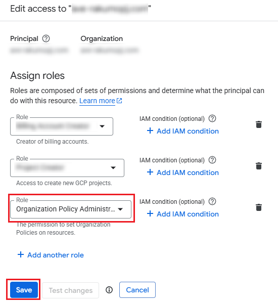 Editing a principal to add the Organization Policy Administrator role. Editing a principal to add the Organization Policy Administrator role.