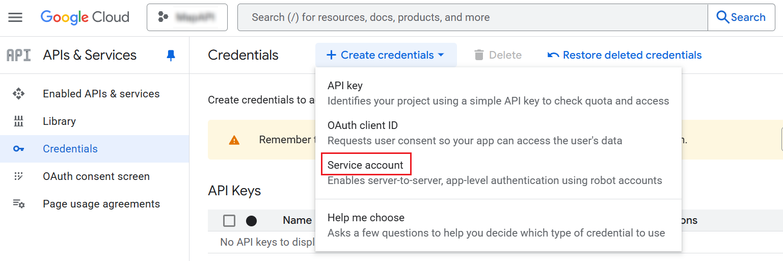 Clicking Service account. Clicking Service account.
