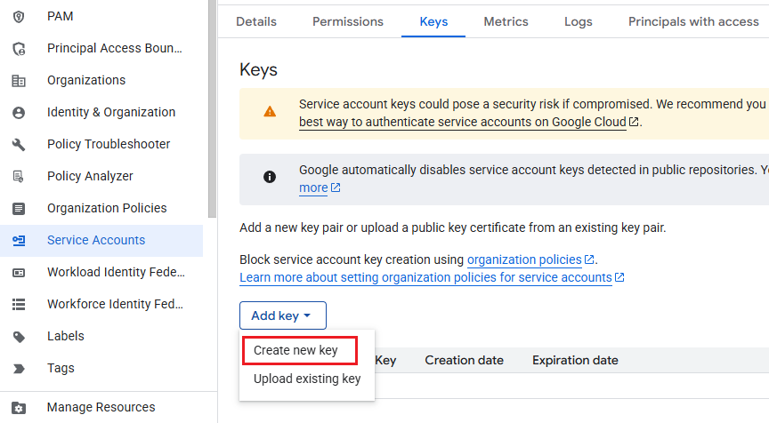 Clicking Create new key. Clicking Create new key.