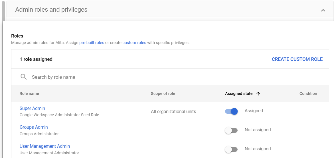Assigning roles to an Admin account. Assigning roles to an Admin account.