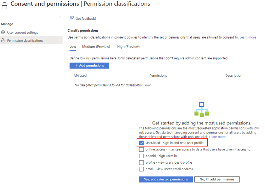 Adding User.Read – sign in and read user profile permission.