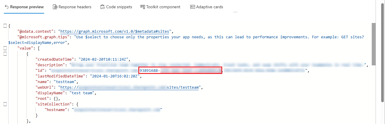 A sample of the site ID value in a response.