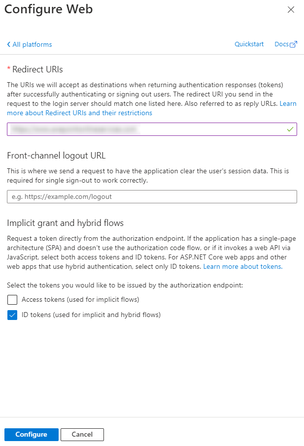 Configuring Redirect URIs and ID tokens settings.